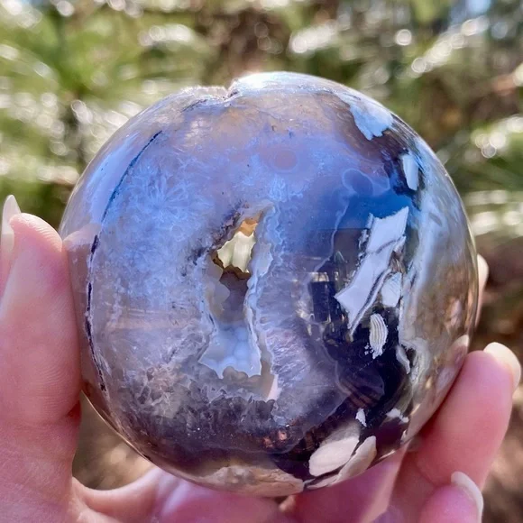 Large HQ Polished UV Reactive Volcano Agate Sphere w/ Wooden Stand - Picture 8 of 16